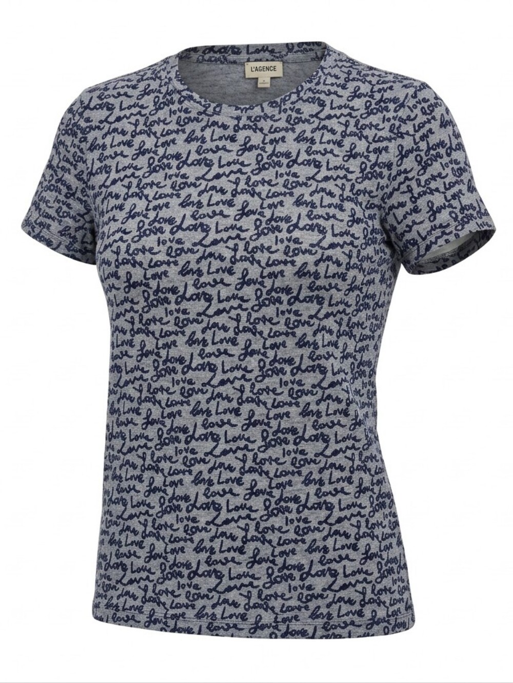 L'Agence Ressi SZ XS Gray & Blue Fitted LOVE T-Shirt Crew Neck Short Sleeve